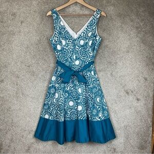 Jones Studio Dress Womens 8 Blue Floral Cotton Blend Flare Sleeveless- 3169*